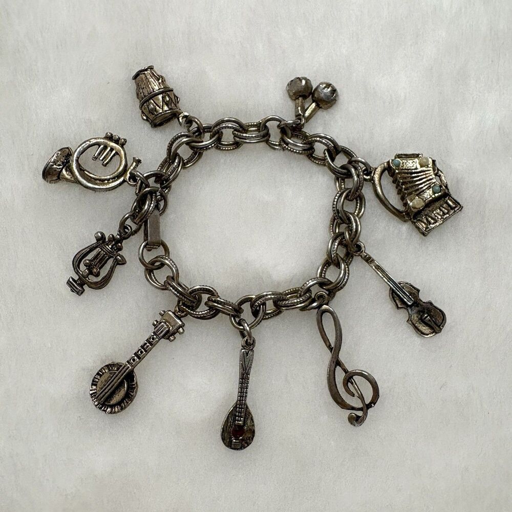 Vintage 1940s Charm Bracelet Various Instruments Silver Tone Cast Metal